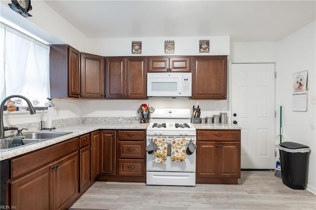 kitchen with light hardwood / wood-style flooring, white appliances, and sink