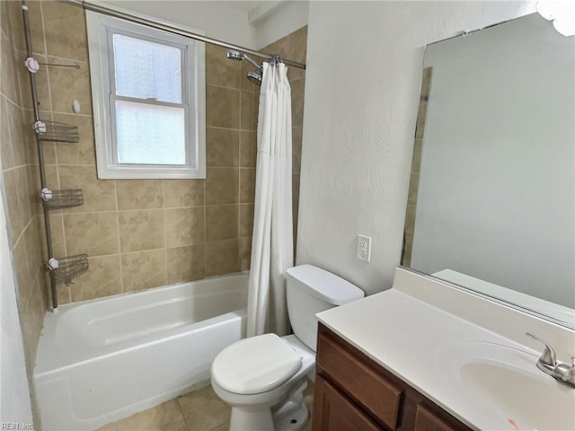 full bathroom with tile patterned floors, vanity, toilet, and shower / tub combo with curtain