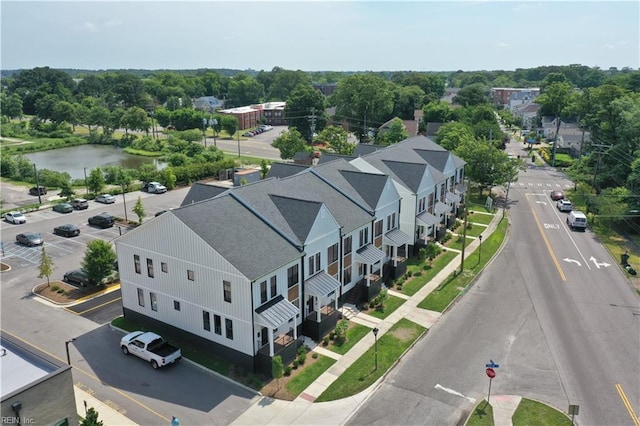 drone / aerial view featuring a water view