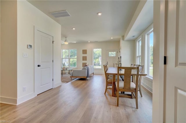 dining space with ceiling fan and light hardwood / wood-style floors