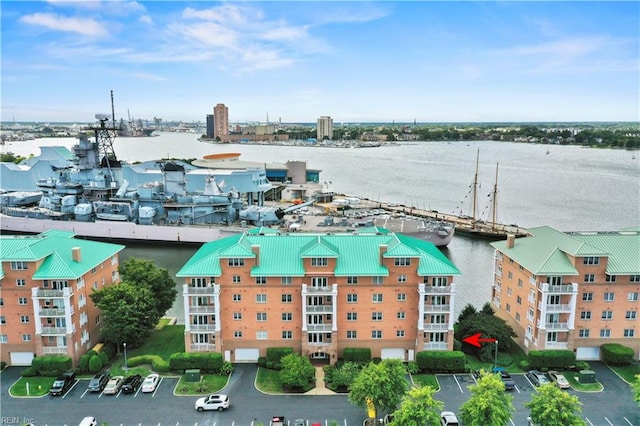 aerial view featuring a water view