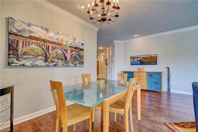 dining space with ornamental molding and an inviting chandelier