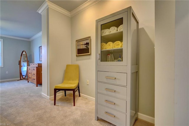 living area with light colored carpet and ornamental molding