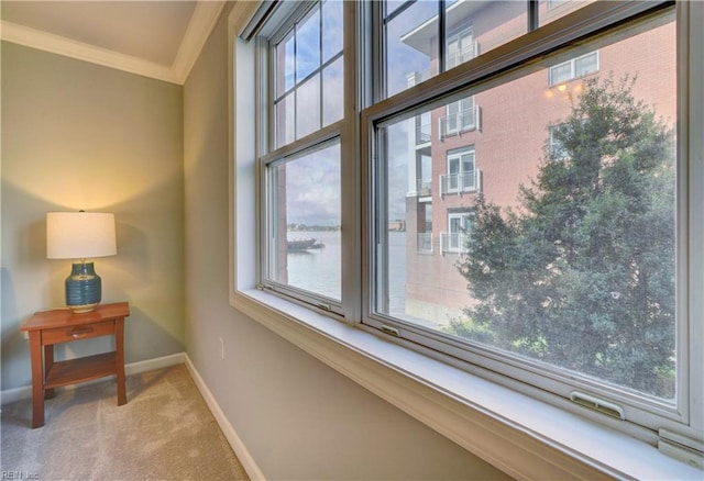 interior space with carpet flooring, a water view, and ornamental molding