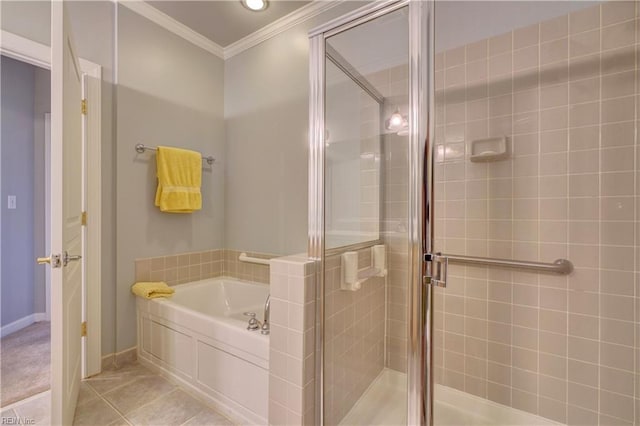 bathroom with tile patterned flooring, ornamental molding, and plus walk in shower