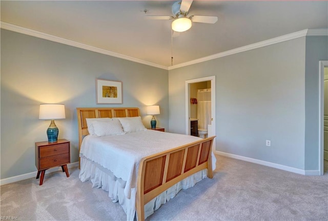 bedroom with light colored carpet, ensuite bath, ceiling fan, and ornamental molding