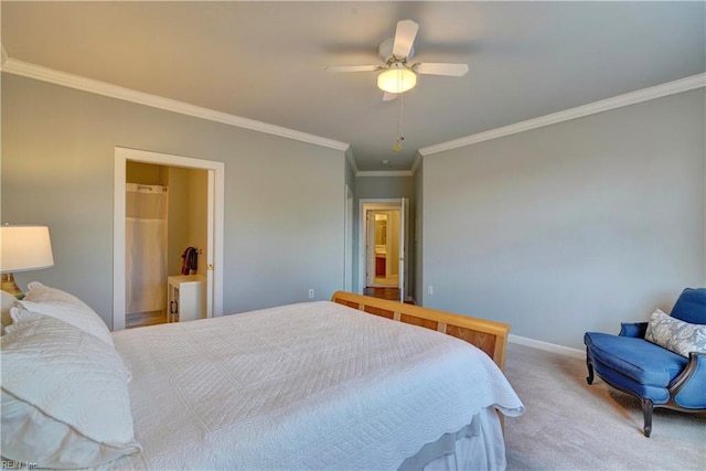 carpeted bedroom with ceiling fan and ornamental molding