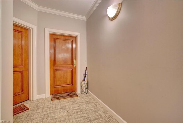 corridor with light carpet and ornamental molding