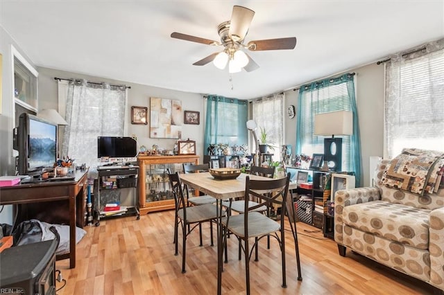 dining area with ceiling fan and light wood-type flooring