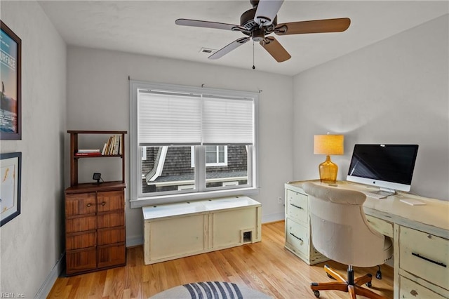 office space featuring ceiling fan and light hardwood / wood-style floors