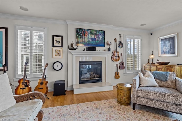 living area featuring light hardwood / wood-style floors and crown molding