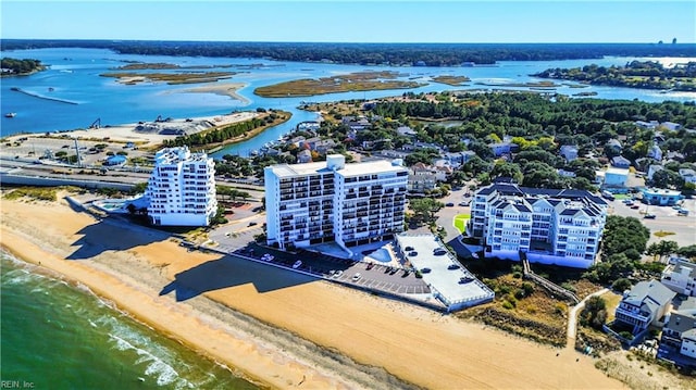 aerial view featuring a beach view and a water view