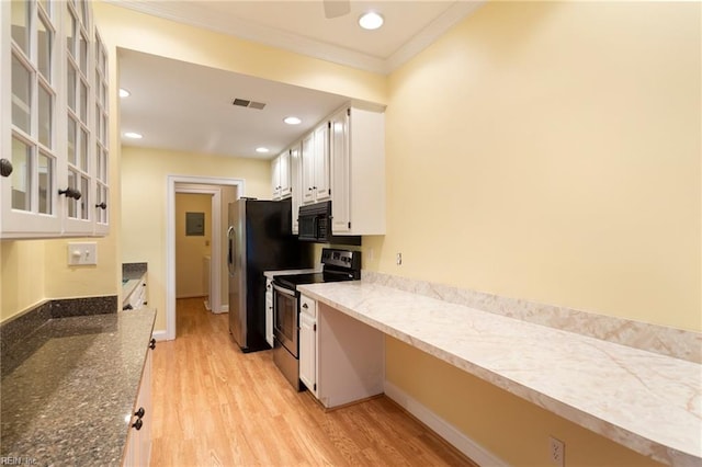 kitchen with light wood-type flooring, light stone counters, stainless steel appliances, crown molding, and white cabinetry