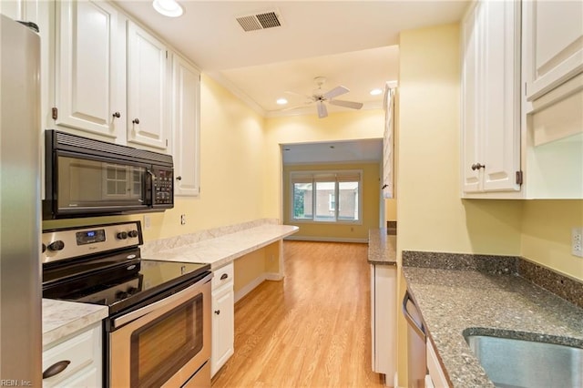 kitchen with white cabinetry, ceiling fan, light wood-type flooring, appliances with stainless steel finishes, and ornamental molding