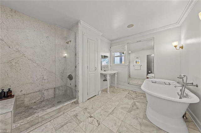 bathroom featuring crown molding, sink, and independent shower and bath