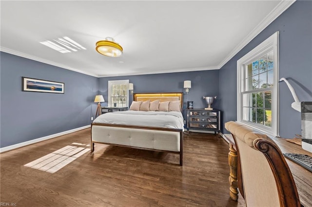 bedroom featuring crown molding and dark wood-type flooring