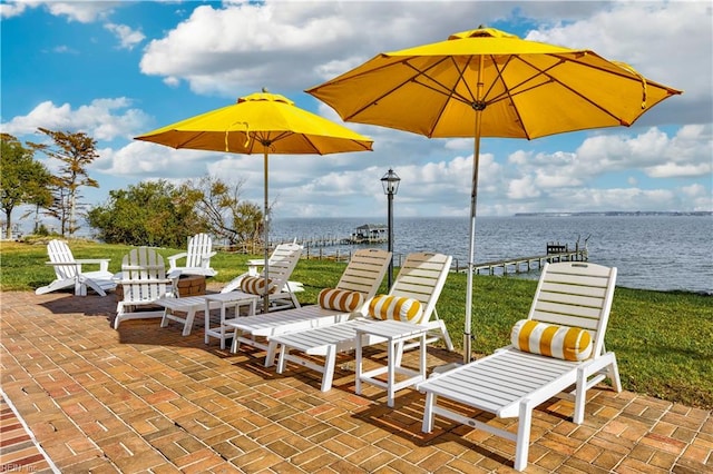 view of patio / terrace with a boat dock and a water view