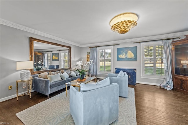 living room with dark hardwood / wood-style floors and ornamental molding