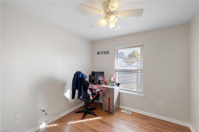 office space featuring ceiling fan and light hardwood / wood-style floors