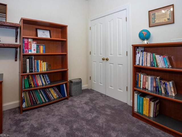 miscellaneous room with dark colored carpet