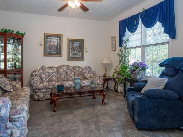 living room with ceiling fan