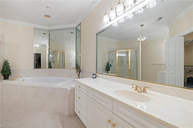 bathroom with tile patterned flooring, ornamental molding, and independent shower and bath