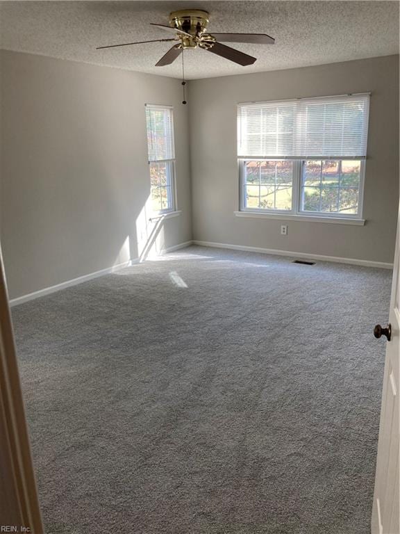 carpeted empty room with ceiling fan, plenty of natural light, and a textured ceiling