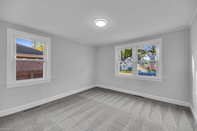 carpeted spare room with crown molding