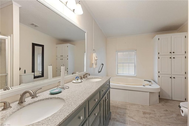 bathroom featuring vanity, a tub to relax in, toilet, and ornamental molding