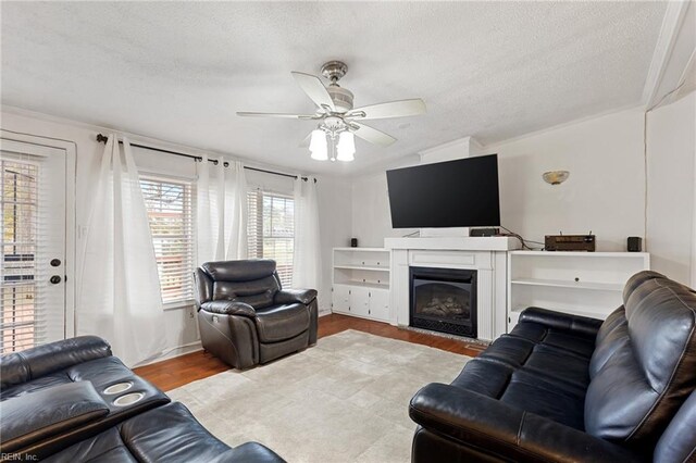 living room featuring ceiling fan, hardwood / wood-style floors, a textured ceiling, and ornamental molding