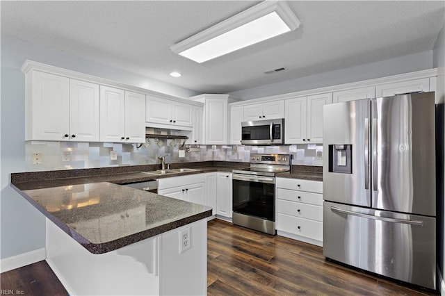 kitchen featuring dark wood-type flooring, white cabinets, sink, kitchen peninsula, and stainless steel appliances