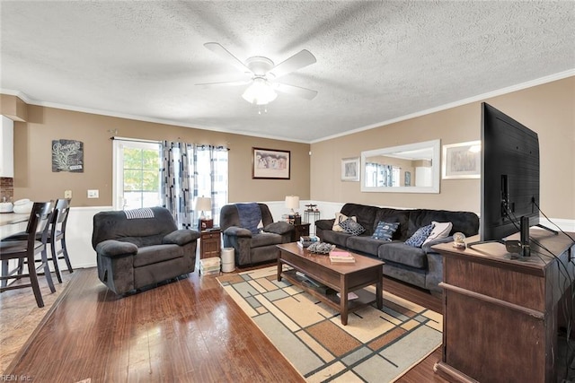 living room with hardwood / wood-style floors, crown molding, and a textured ceiling