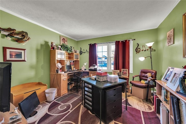 carpeted office with a textured ceiling and crown molding