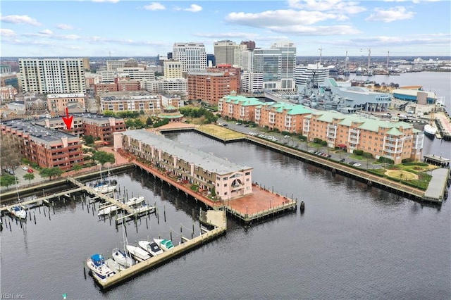 drone / aerial view with a water view