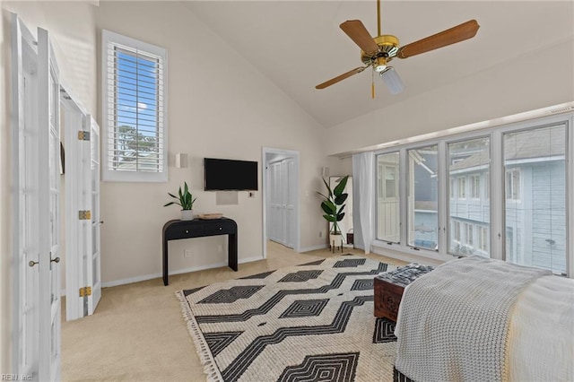 bedroom with access to outside, high vaulted ceiling, ceiling fan, and light colored carpet