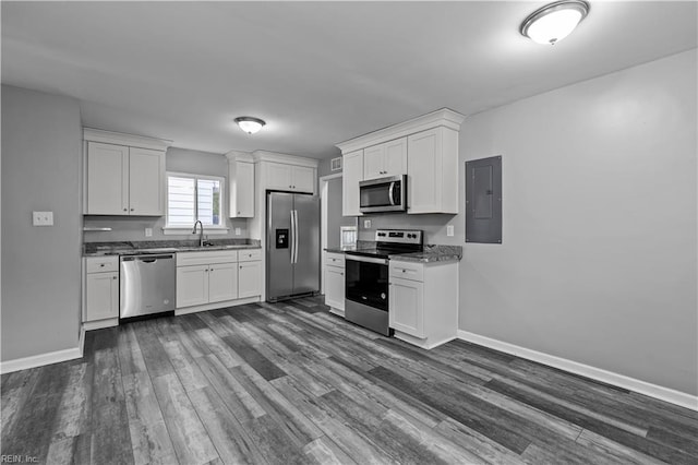 kitchen with dark hardwood / wood-style flooring, stainless steel appliances, sink, white cabinets, and electric panel