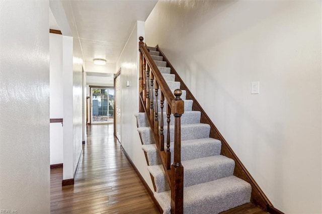 staircase featuring hardwood / wood-style flooring