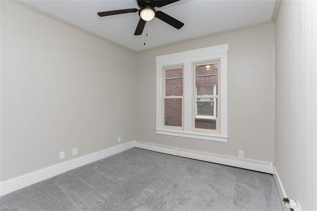 empty room with ceiling fan, crown molding, light carpet, and a baseboard radiator