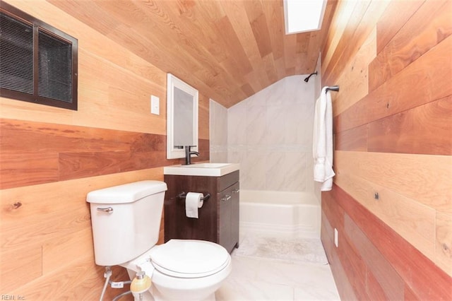 bathroom with vanity, wood walls, lofted ceiling, toilet, and wood ceiling