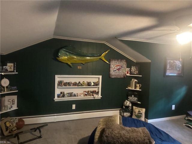 carpeted home theater featuring a baseboard radiator and lofted ceiling