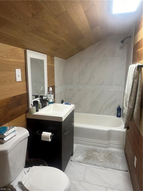 full bathroom with vanity, wood walls, vaulted ceiling, shower / bathing tub combination, and wood ceiling