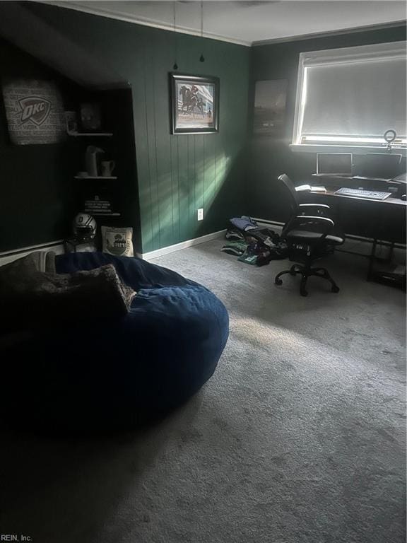 home office featuring carpet and ornamental molding