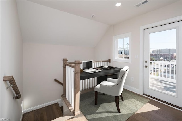 office area featuring hardwood / wood-style flooring and lofted ceiling