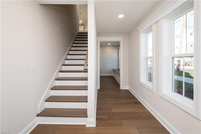 staircase featuring hardwood / wood-style flooring