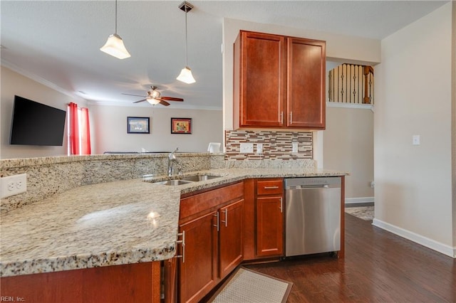 kitchen with light stone countertops, sink, dark hardwood / wood-style flooring, stainless steel dishwasher, and ornamental molding