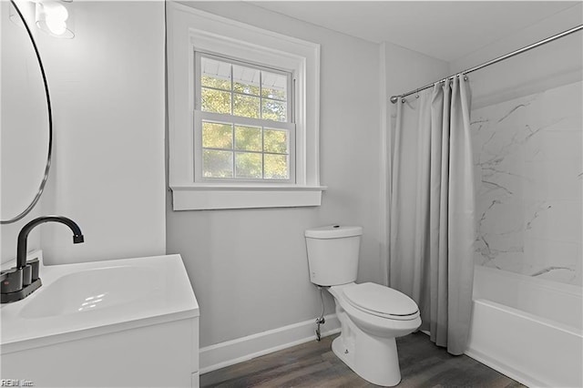 full bathroom with toilet, shower / tub combo with curtain, vanity, and hardwood / wood-style flooring