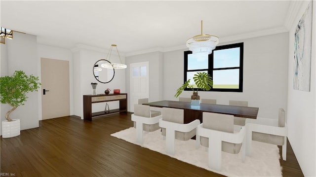 dining room featuring ornamental molding, a notable chandelier, and dark hardwood / wood-style flooring