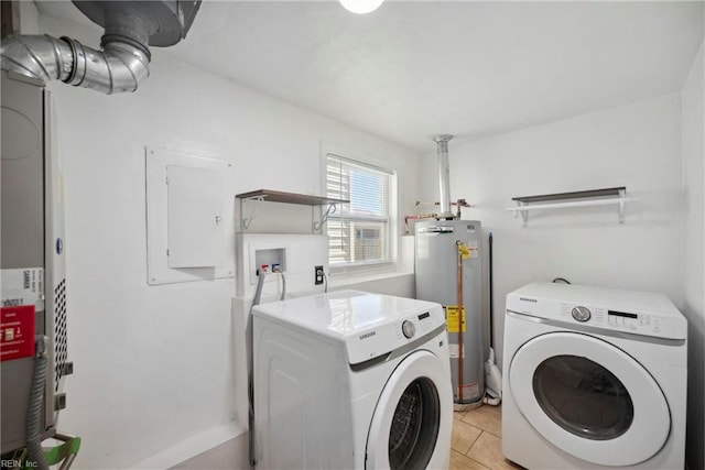 laundry room featuring washer and dryer, light tile patterned floors, electric panel, and water heater