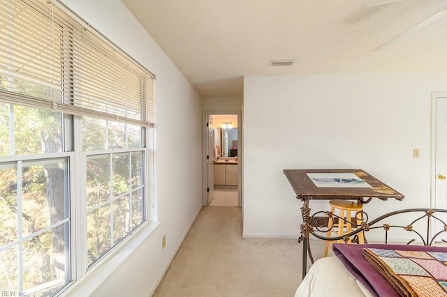 bedroom featuring light carpet and ensuite bathroom