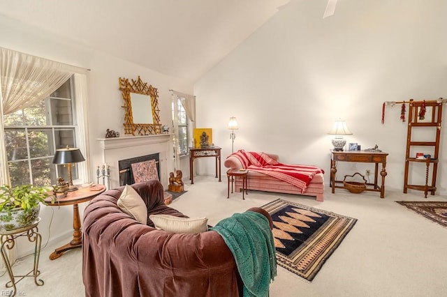 sitting room with carpet flooring and high vaulted ceiling